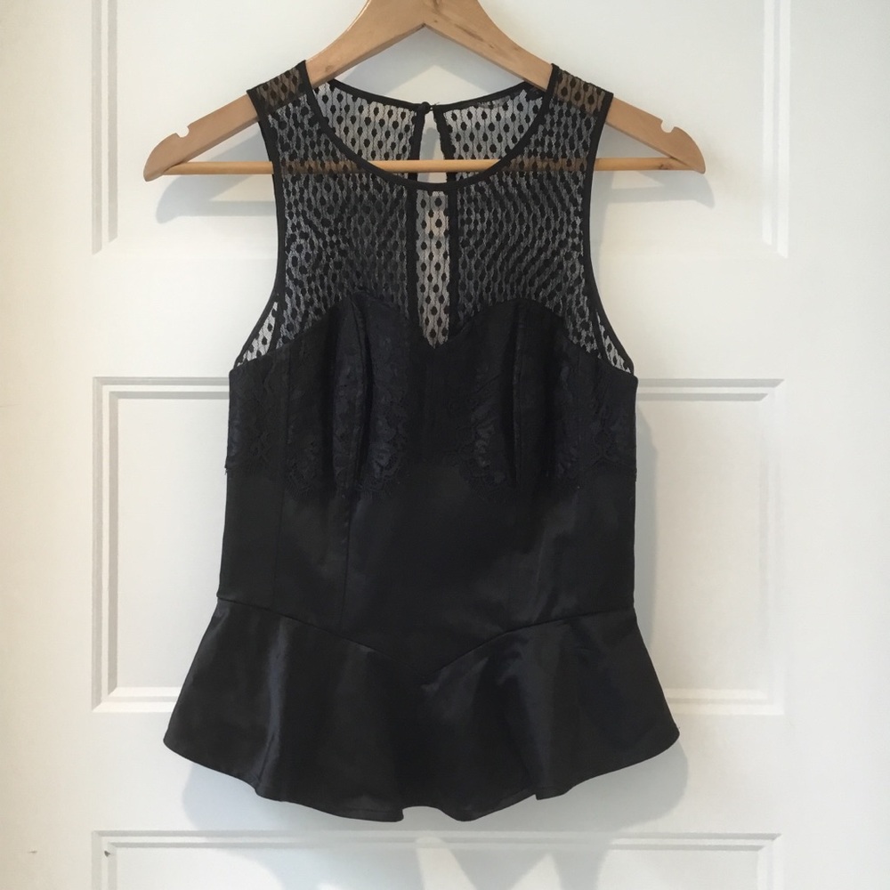 Guess Black Peplum Blouse with Mesh Yoke